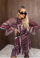 Wzorzysta Kleid mini z falbankami Autumn Memory Burgunderrot