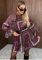 Wzorzysta Kleid mini z falbankami Autumn Memory Burgunderrot