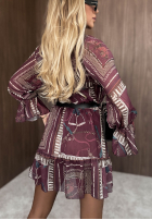 Wzorzysta Kleid mini z falbankami Autumn Memory Burgunderrot