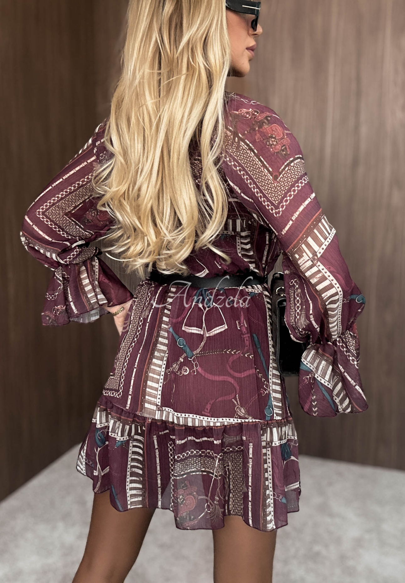 Gemustertes Minikleid mit Rüschen Autumn Memory Burgunderrot