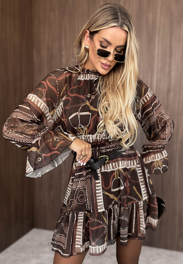 Gemustertes Minikleid mit R&uuml;schen Autumn Memory Schokoladenbraun