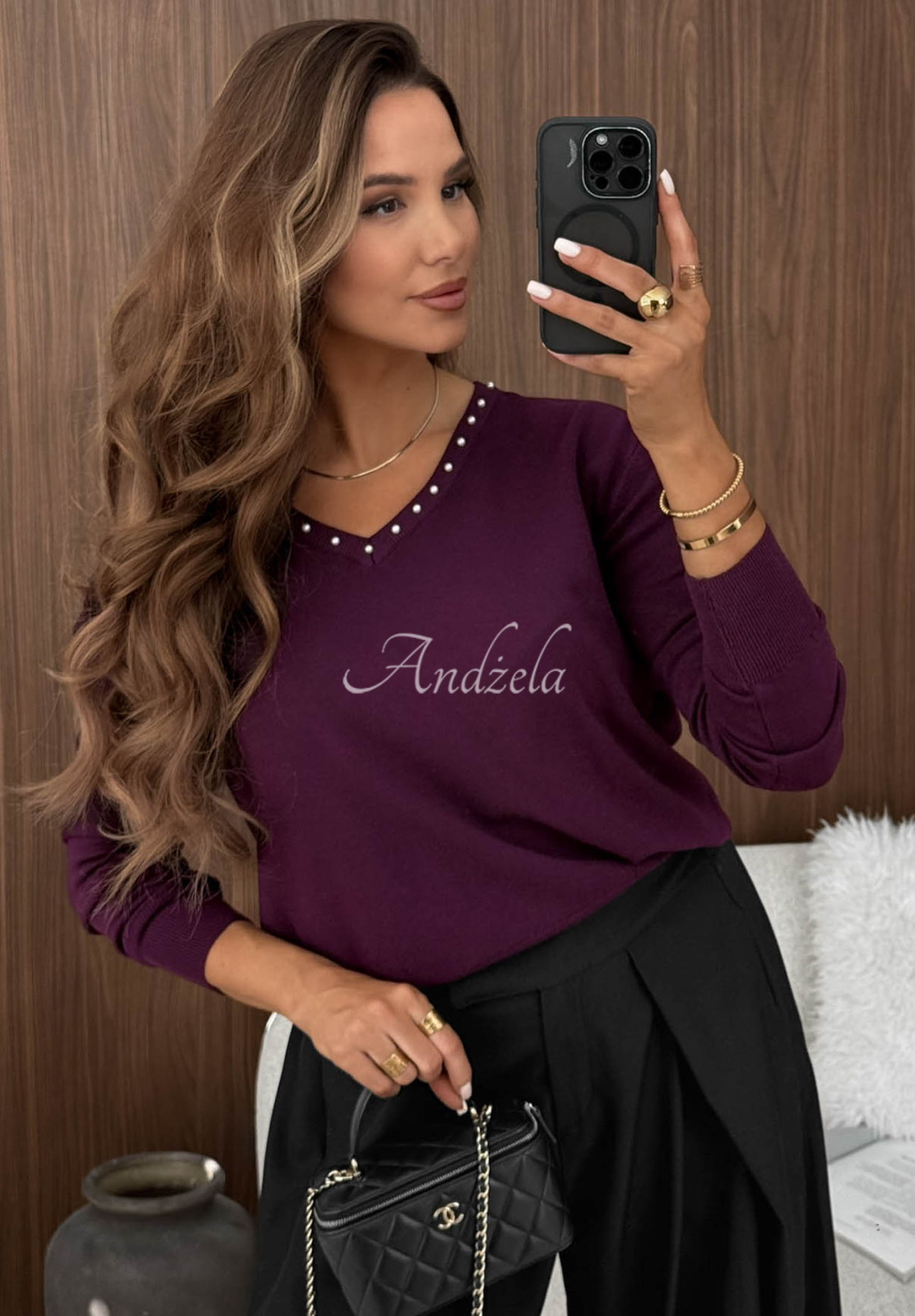 Kurzer Viskosepullover mit verziertem Ausschnitt Daily Chill Beerenfarben