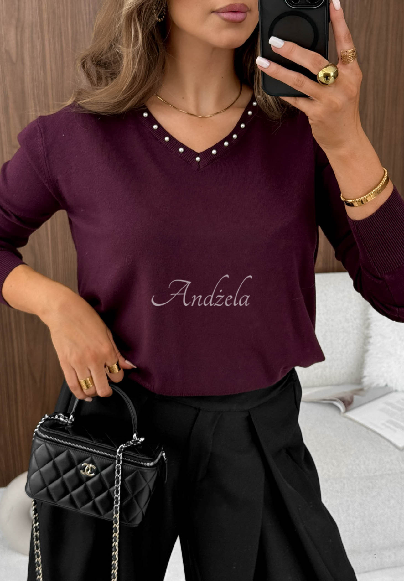 Kurzer Viskosepullover mit verziertem Ausschnitt Daily Chill Beerenfarben