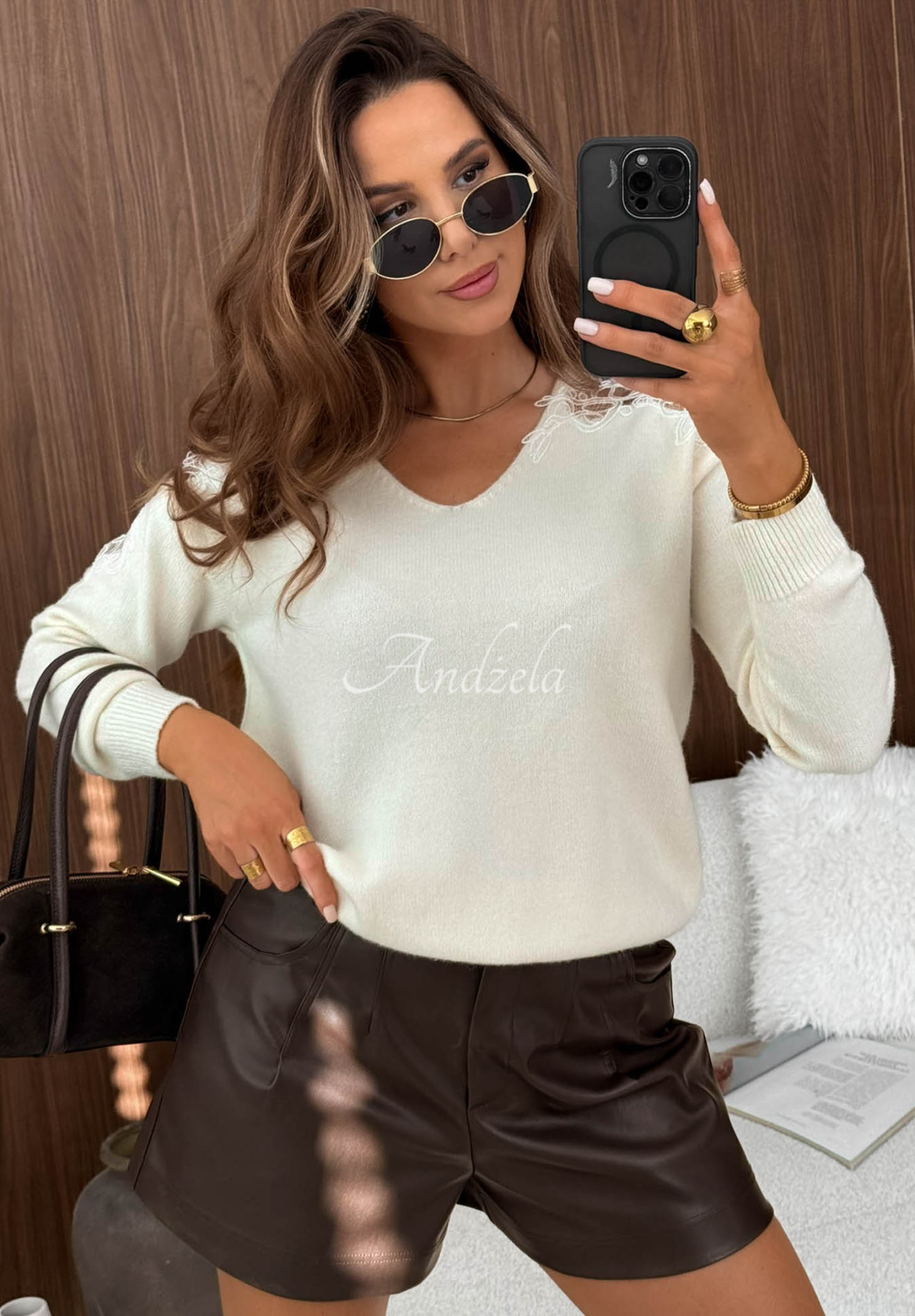 Viskosepullover mit Spitze Foggy Streets Ecru