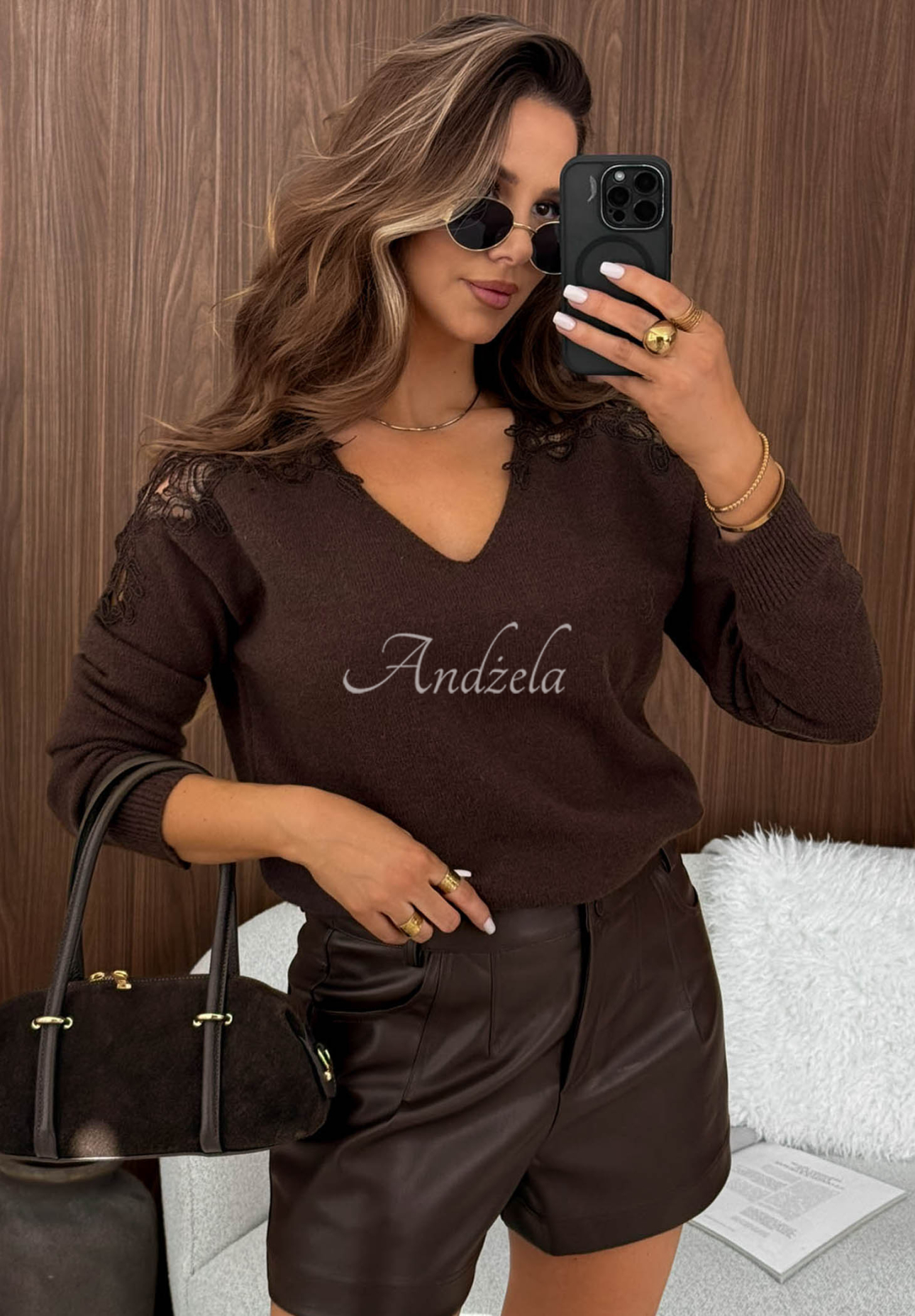 Viskosepullover mit Spitze Foggy Streets Schokoladenbraun