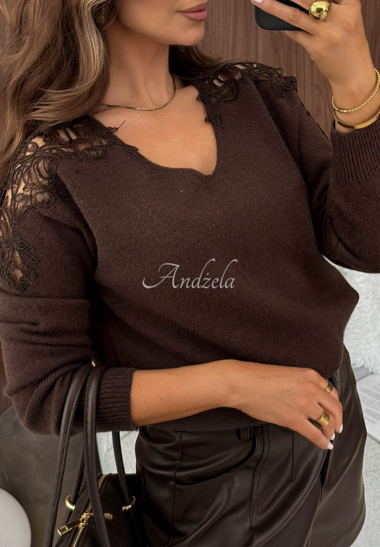 Viskosepullover mit Spitze Foggy Streets Schokoladenbraun