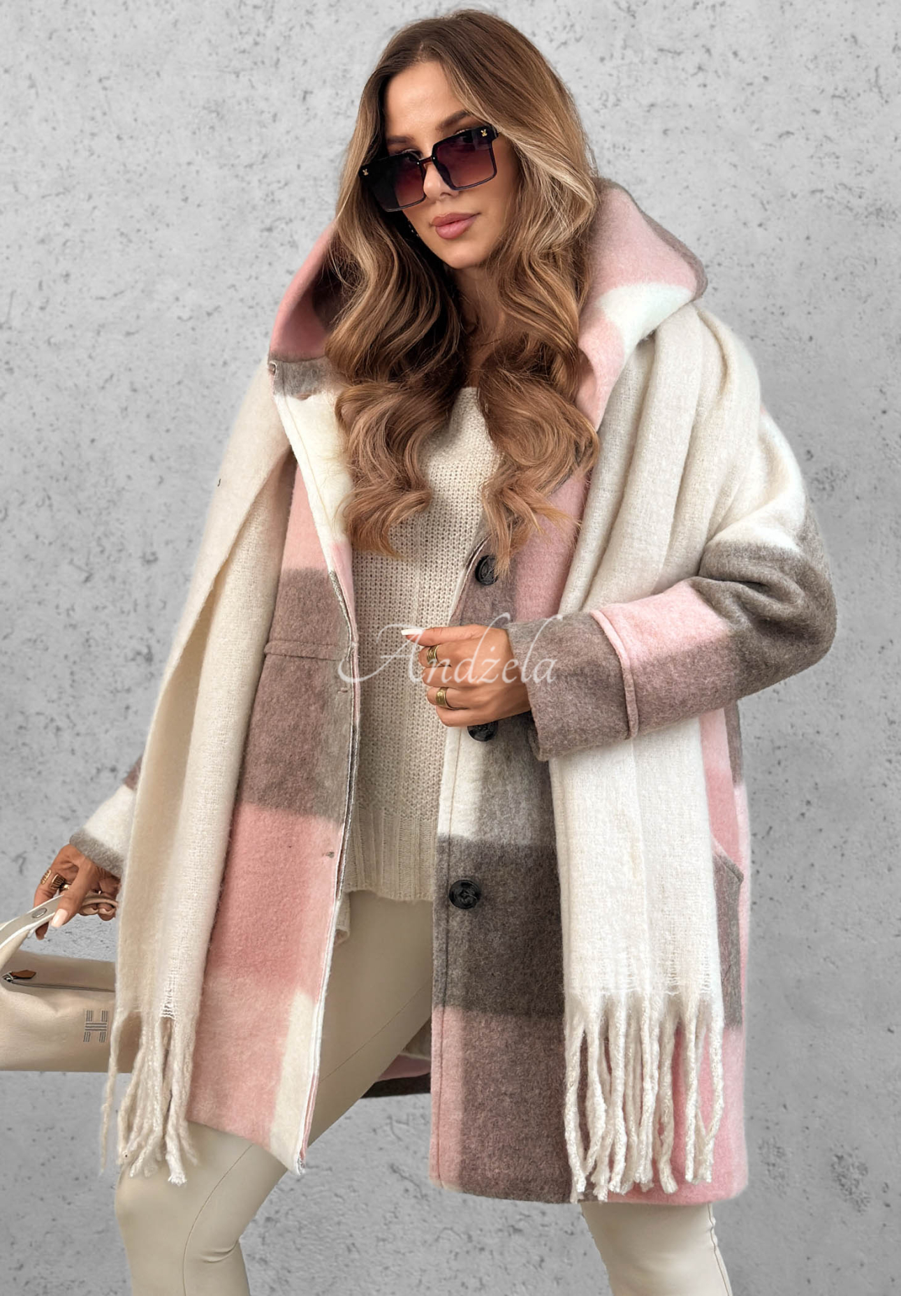 Karierter Mantel mit Wollanteil October Romance beige-rosa