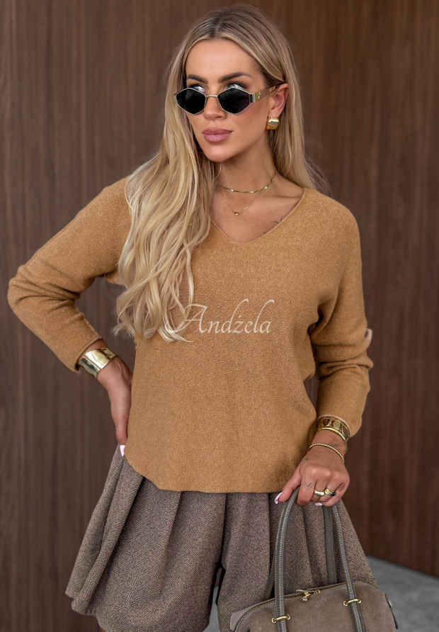 Leichter Viskose-Pullover mit V-Ausschnitt Amber Woods Camel
