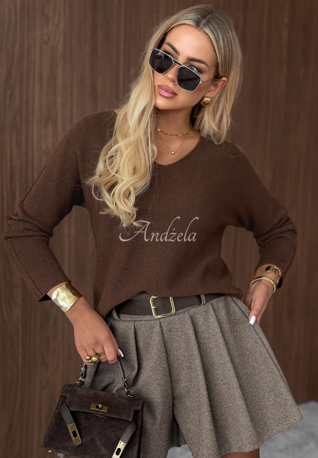 Leichter Viskose-Pullover mit V-Ausschnitt Amber Woods Schokoladenbraun