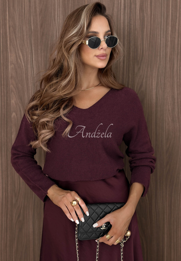 Leichter Viskose-Pullover mit V-Ausschnitt Amber Woods Beerenfarben