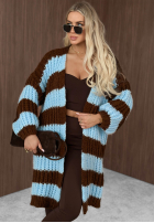 Długi Cardigan oversize z bufiastymi rękawami w paski October Charm niebiesko-Schokoladenbraun