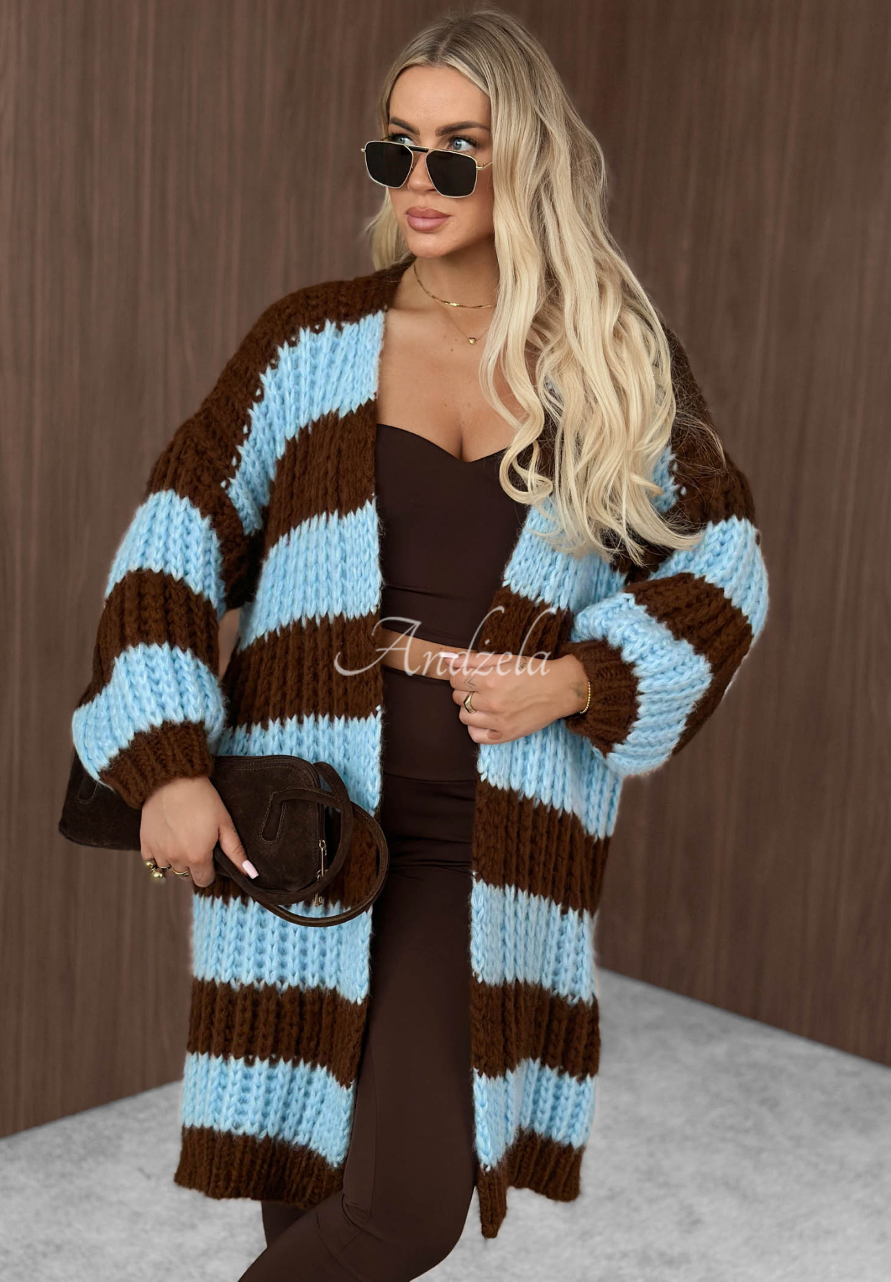 Langer Cardigan mit Puffärmeln und Streifenmuster October Charm Blau-Schokoladenbraun