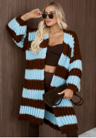 Długi Cardigan oversize z bufiastymi rękawami w paski October Charm niebiesko-Schokoladenbraun
