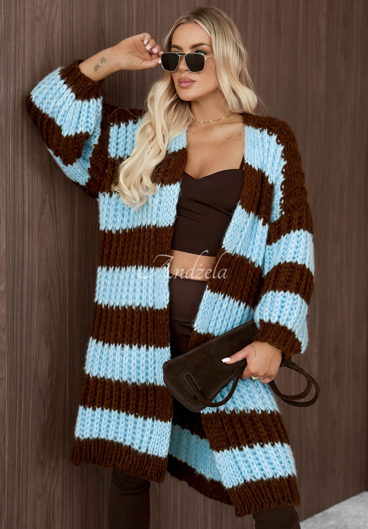 Langer Cardigan mit Puffärmeln und Streifenmuster October Charm Blau-Schokoladenbraun