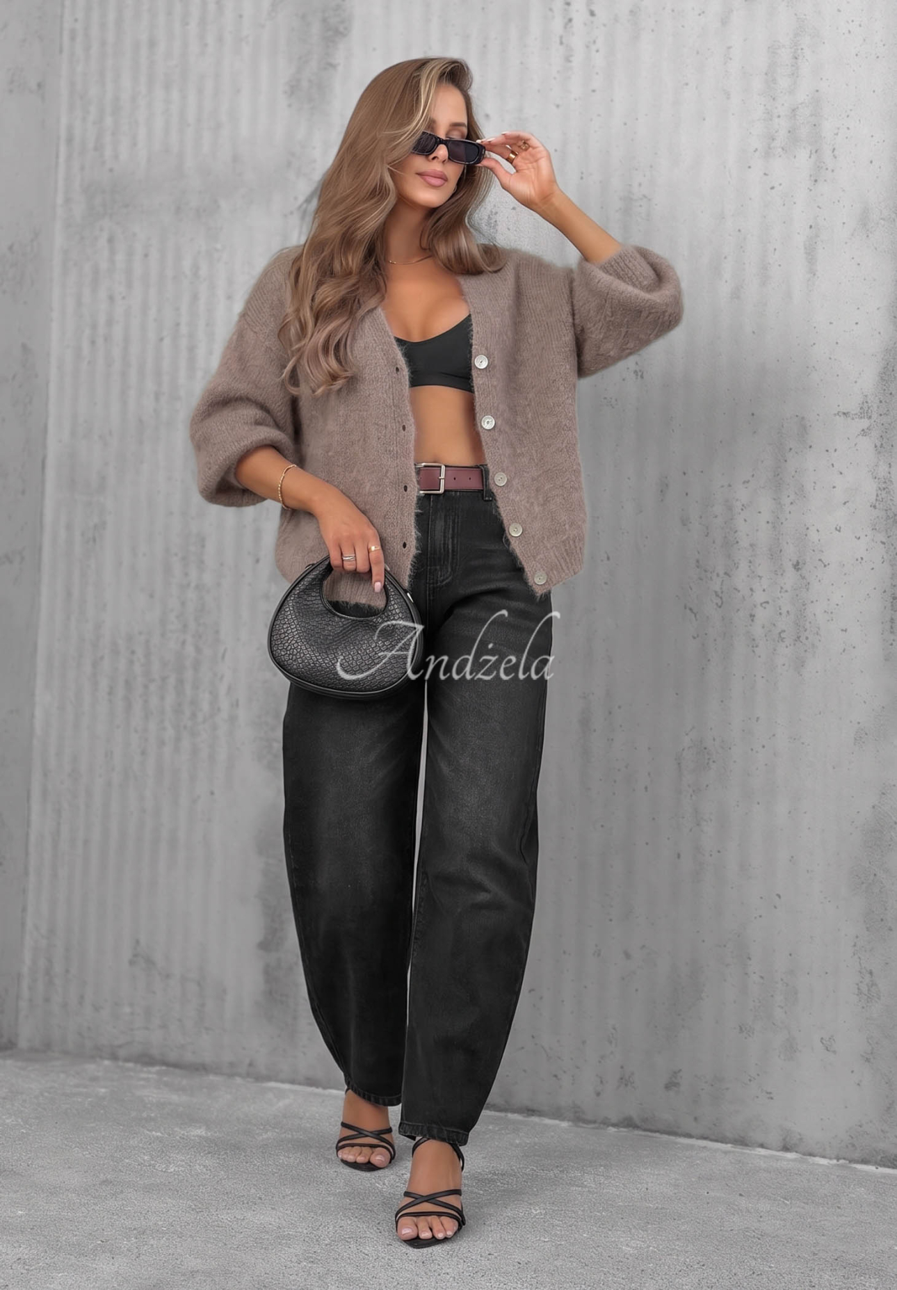 Kurzer Mohair-Cardigan mit Knopf Sugar Cloud Mokkafarben