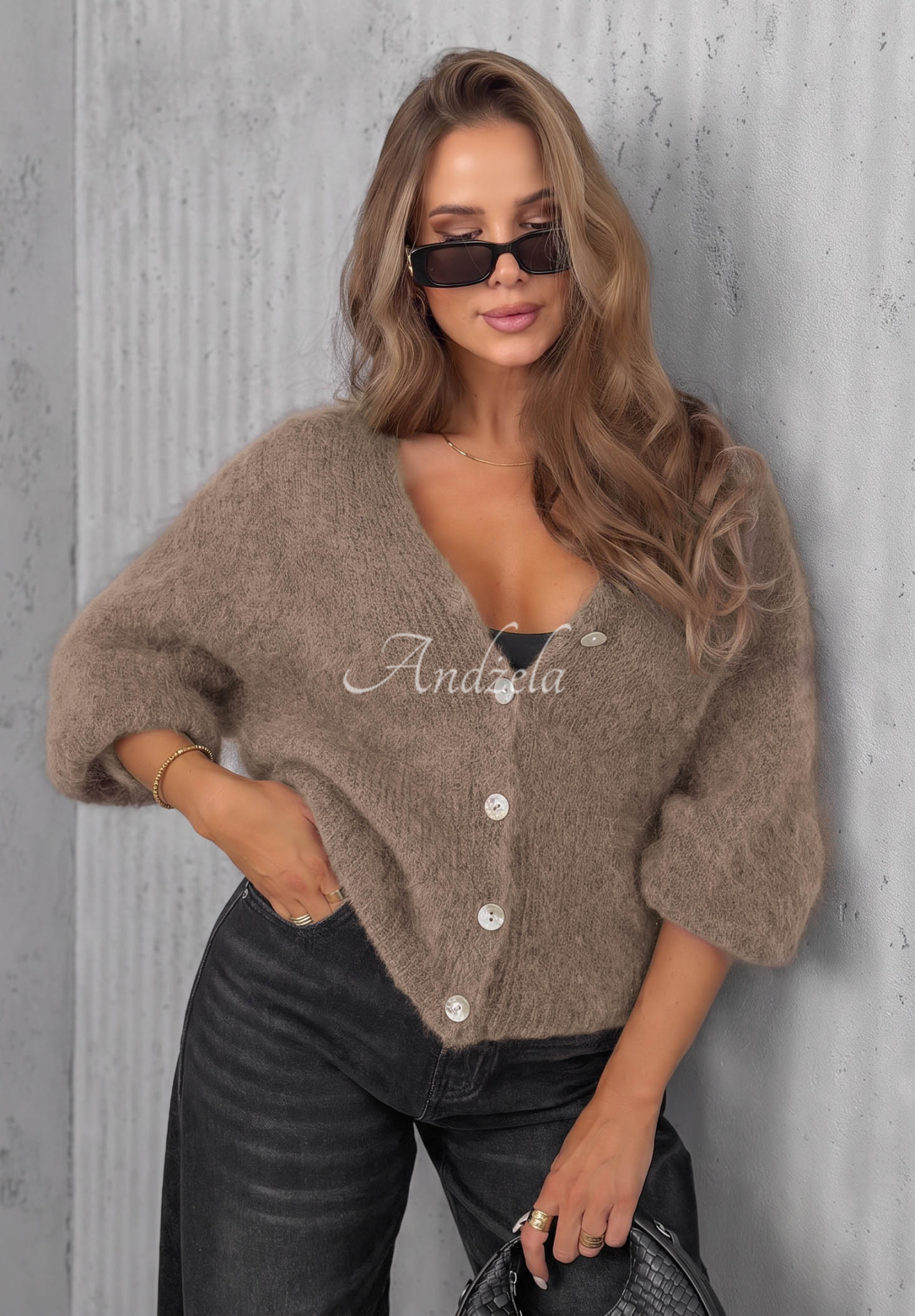 Kurzer Mohair-Cardigan mit Knopf Sugar Cloud Mokkafarben