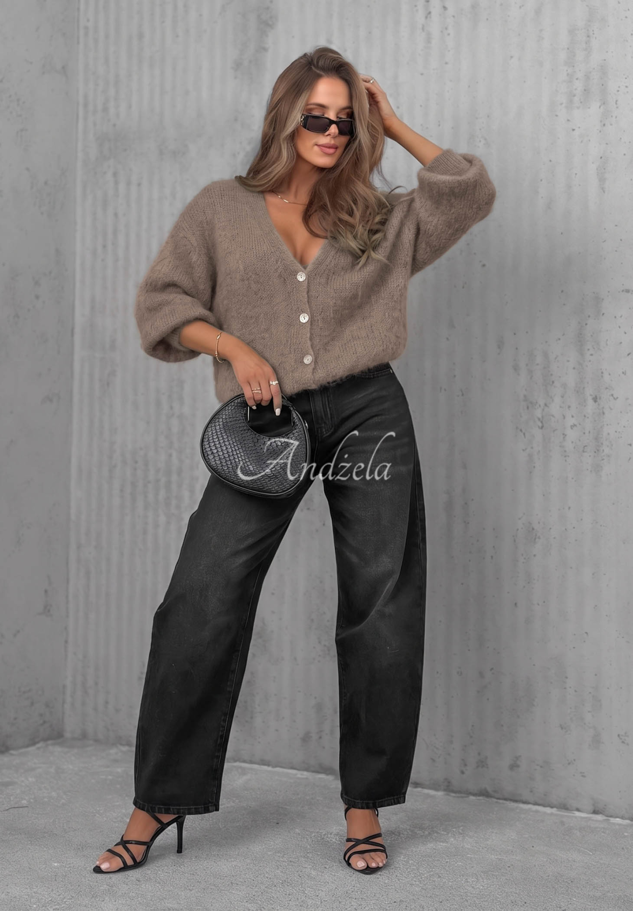 Kurzer Mohair-Cardigan mit Knopf Sugar Cloud Mokkafarben