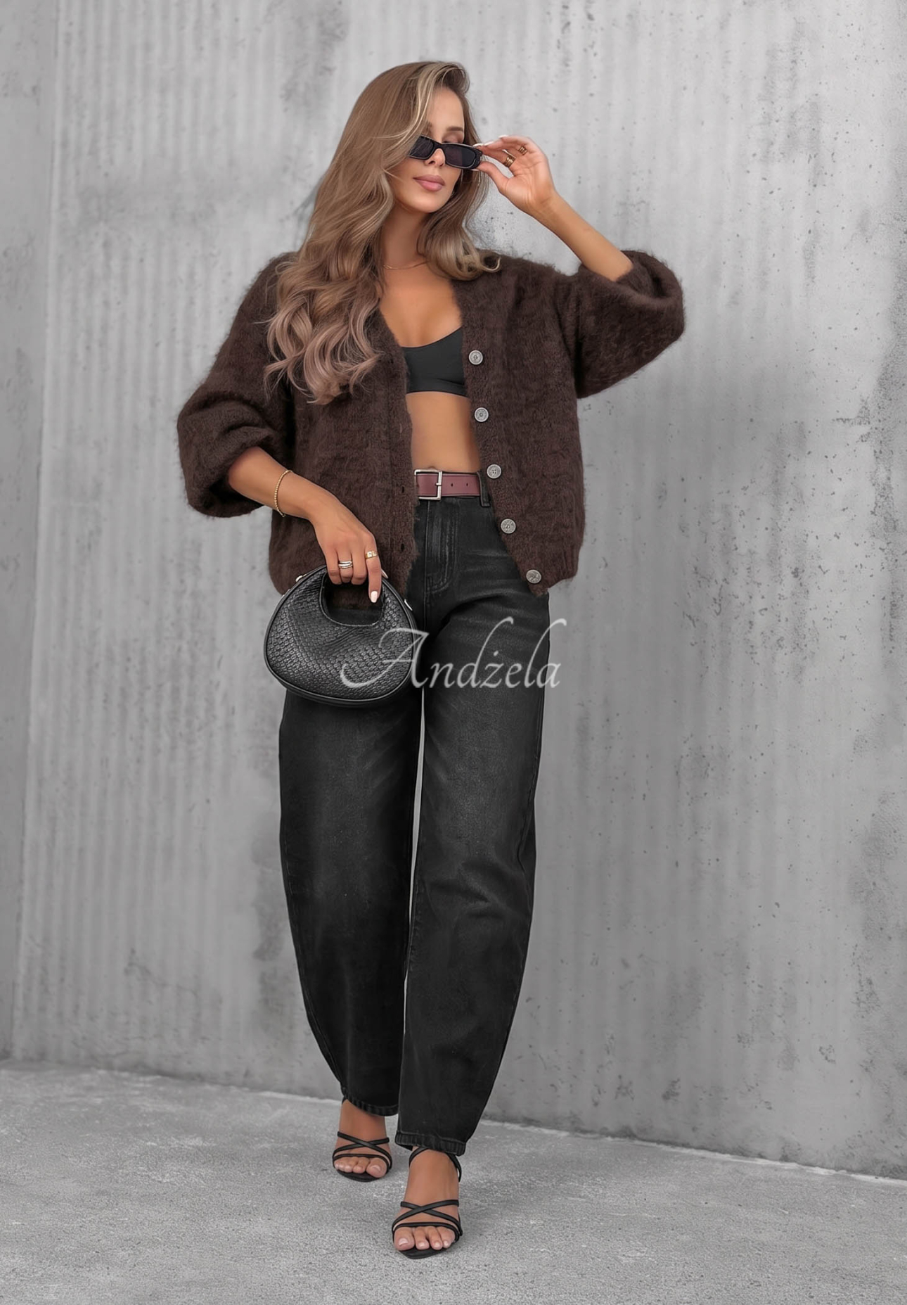 Kurzer Mohair-Cardigan mit Knopf Sugar Cloud Schokoladenbraun
