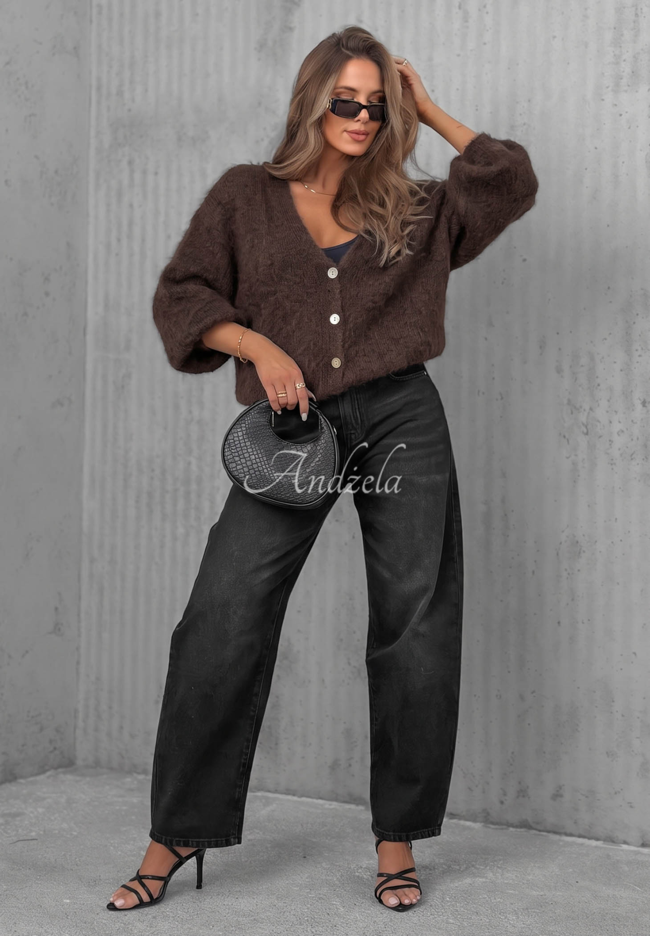 Kurzer Mohair-Cardigan mit Knopf Sugar Cloud Schokoladenbraun