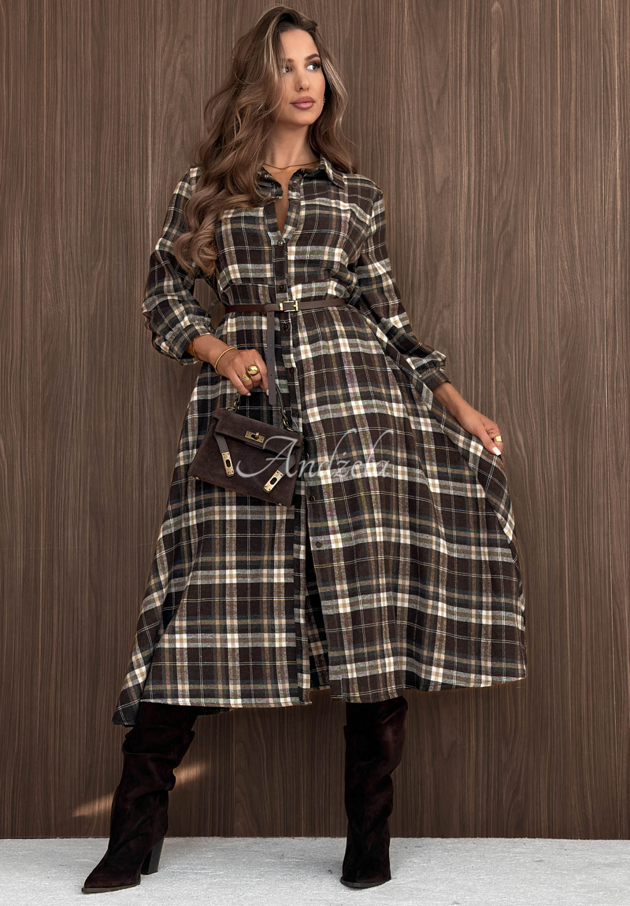 Midikleid im Hemdblusenstil aus karierter Baumwolle Fall Signature Schokoladenbraun