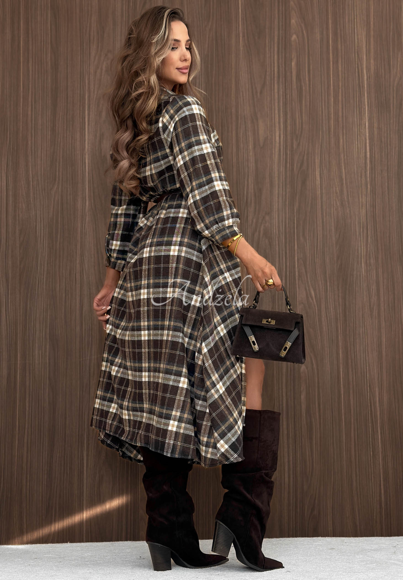 Midikleid im Hemdblusenstil aus karierter Baumwolle Fall Signature Schokoladenbraun
