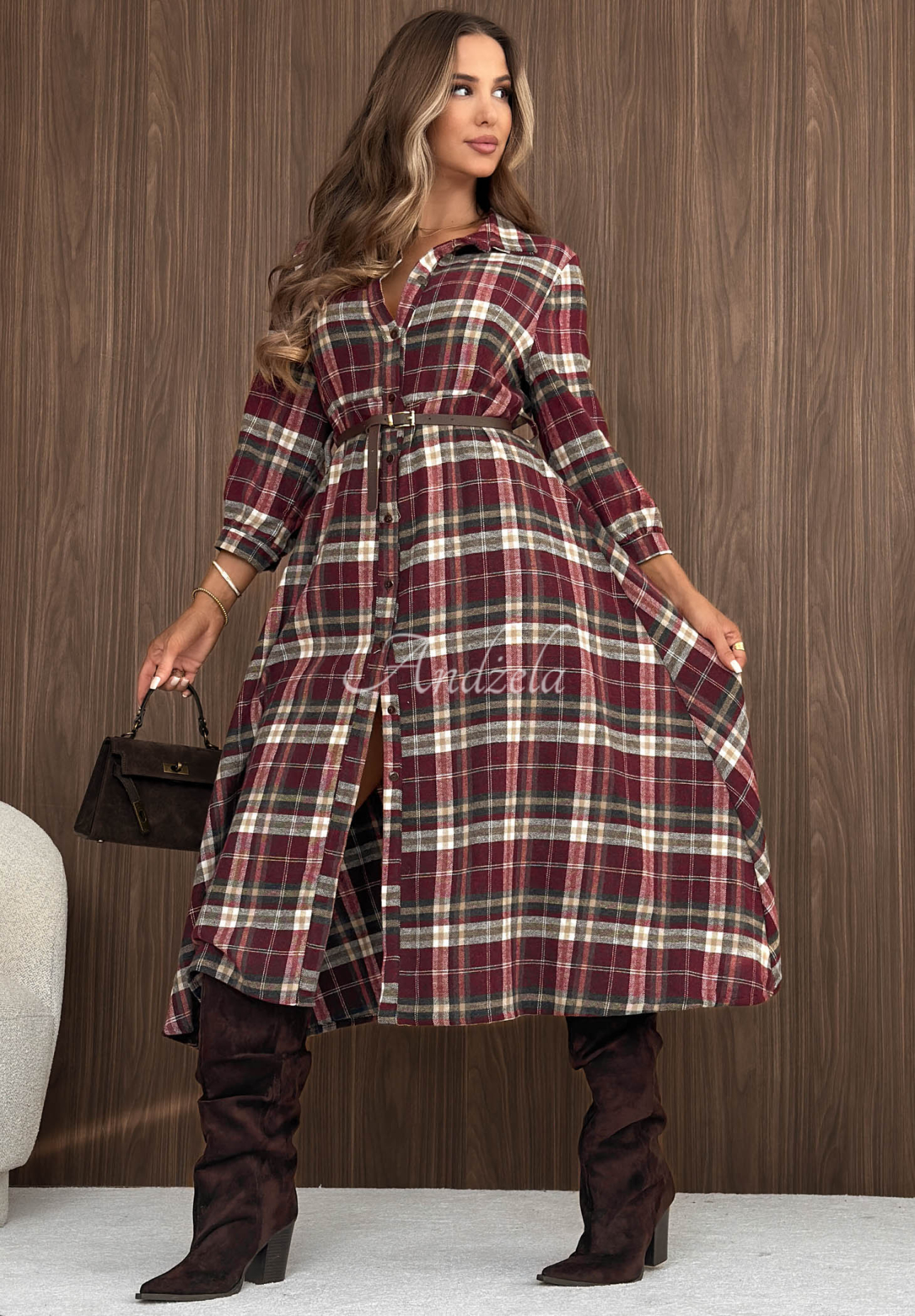 Midikleid im Hemdblusenstil aus karierter Baumwolle Fall Signature Beerenfarben