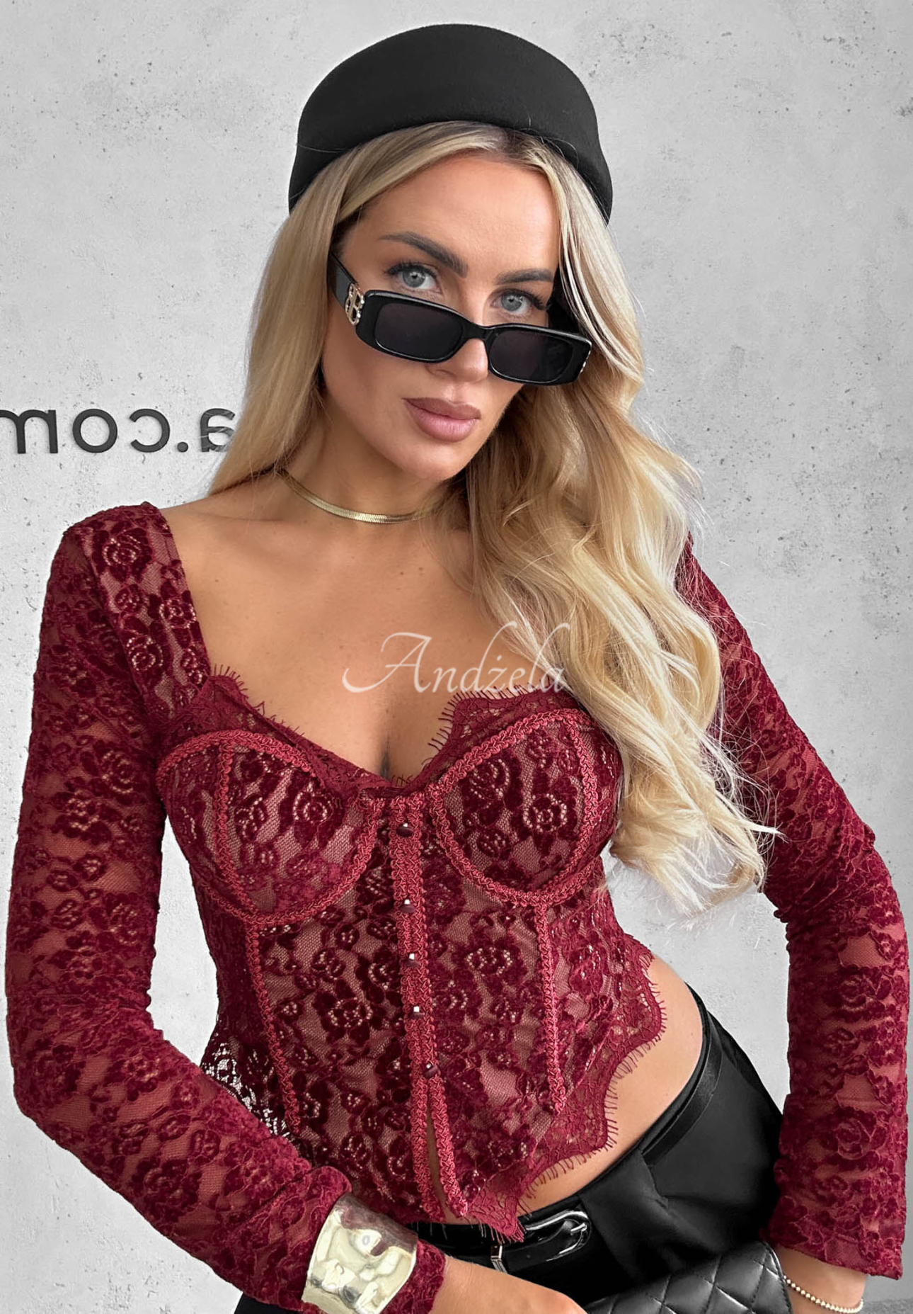 Langarmbluse aus Spitze im Korsett-Stil Pure Seduction Burgunderrot