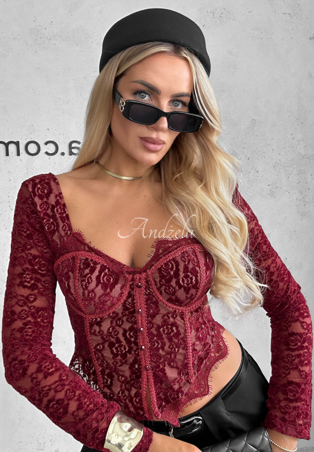 Langarmbluse aus Spitze im Korsett-Stil Pure Seduction Burgunderrot