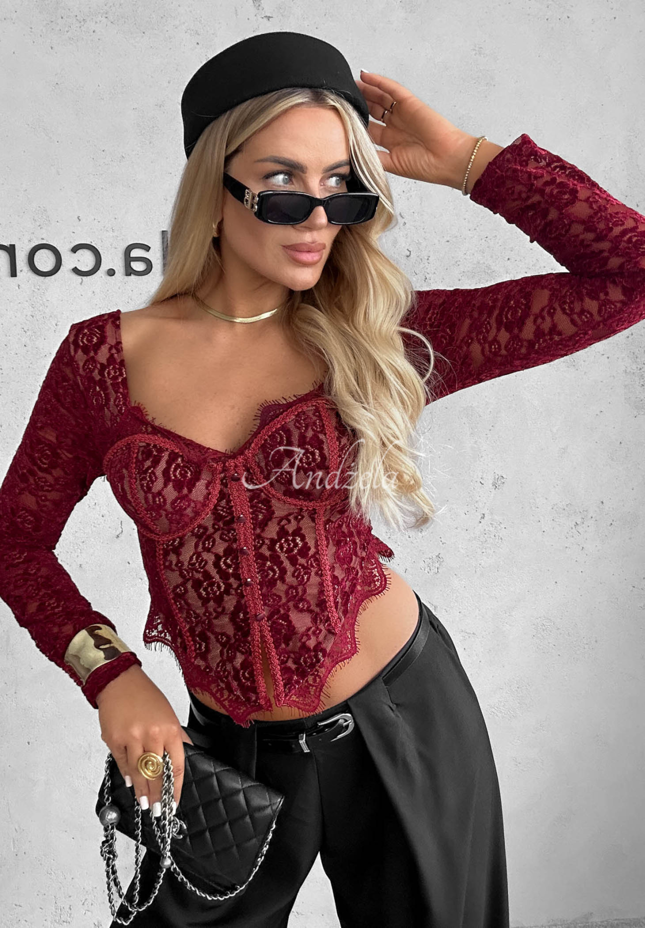 Langarmbluse aus Spitze im Korsett-Stil Pure Seduction Burgunderrot