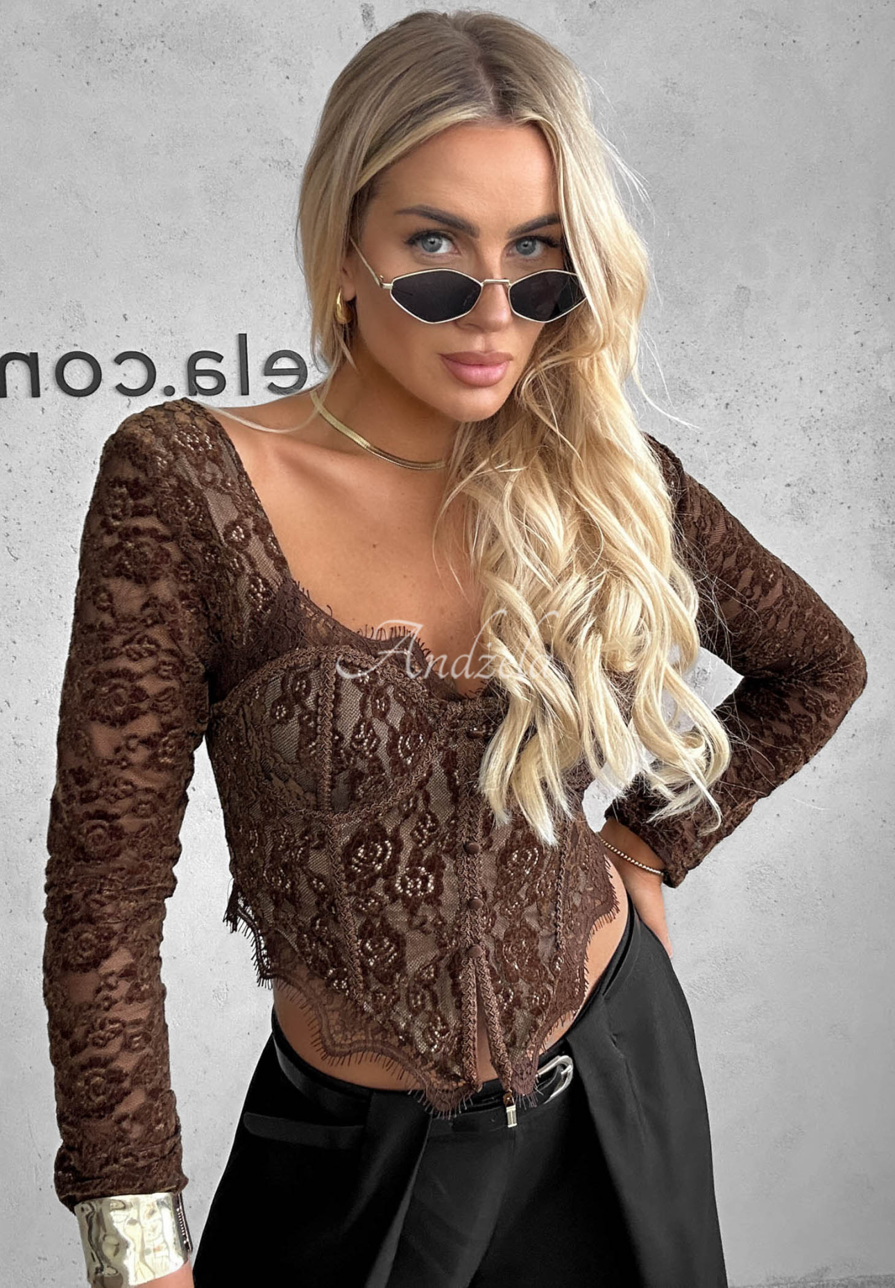 Langarmbluse aus Spitze im Korsett-Stil Pure Seduction Schokoladenbraun