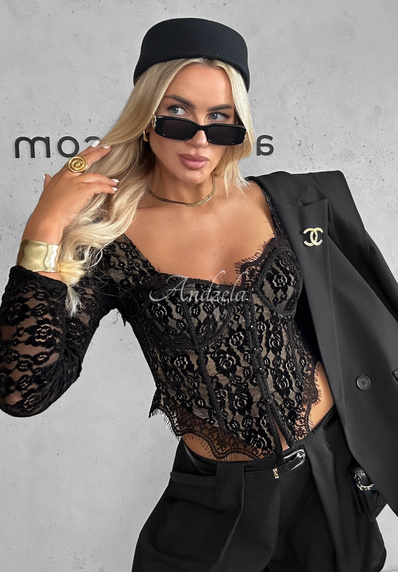 Langarmbluse aus Spitze im Korsett-Stil Pure Seduction Schwarz
