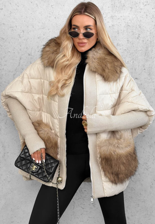 Kurze Steppjacke mit Fellbesatz Apple Crumble Hell Beige