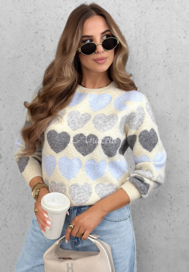 Weicher Pullover mit Herzchenmuster und Wolle Soft Hearts Beige-Himmelblau