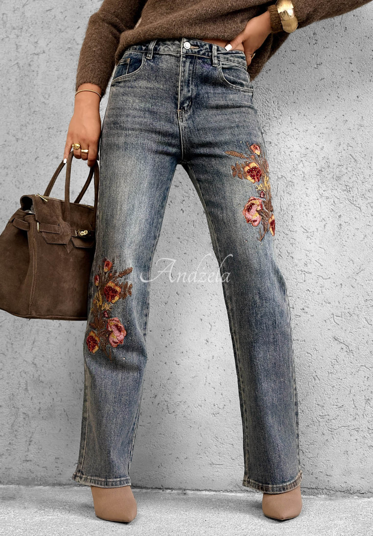 Straight-Leg-Jeans mit Blumenstickerei Morning Flores Blau