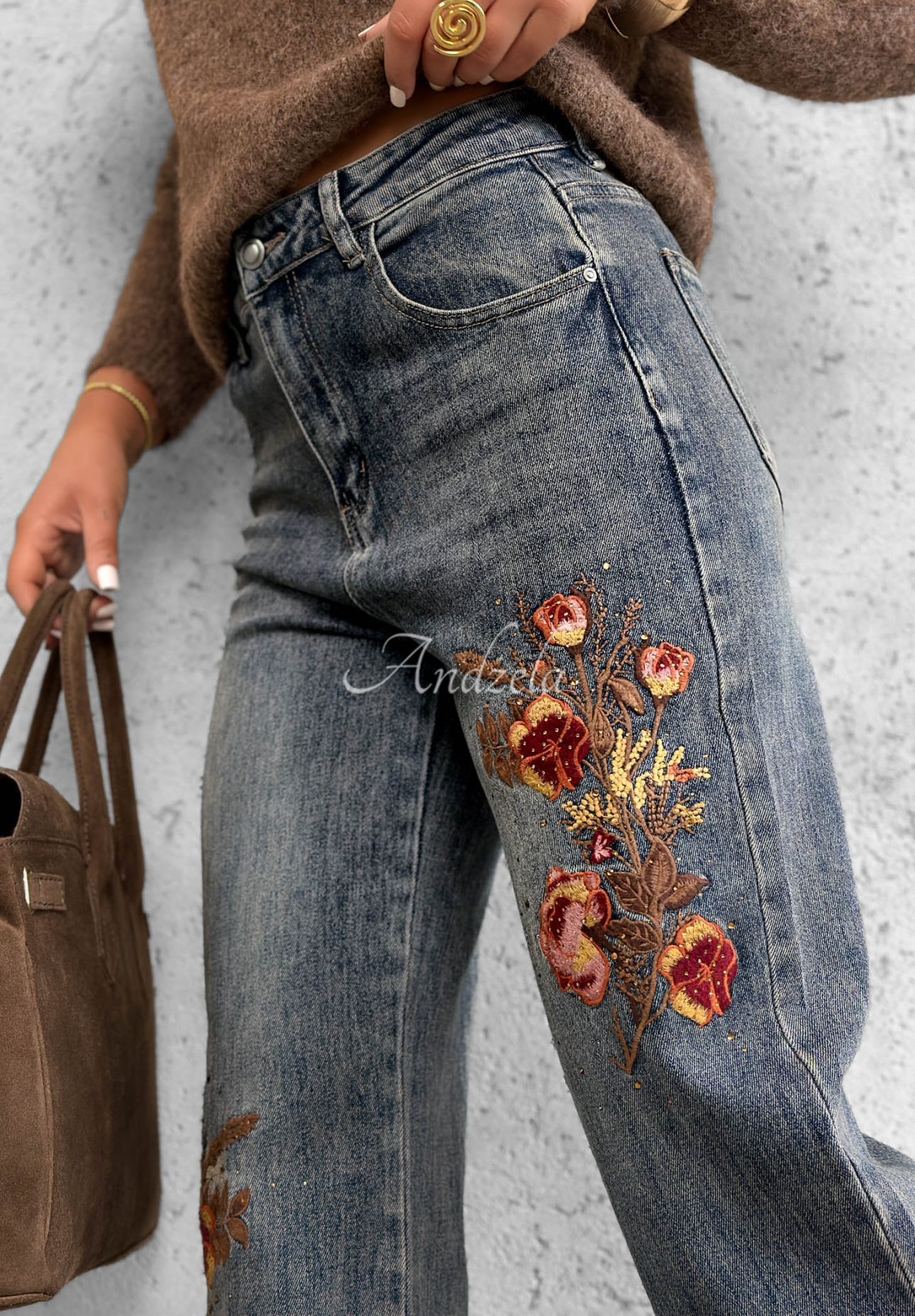 Straight-Leg-Jeans mit Blumenstickerei Morning Flores Blau