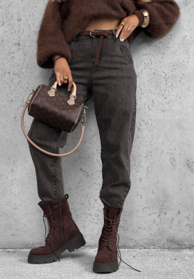Mom-Fit Jeans mit Gürtel Running Late Grau