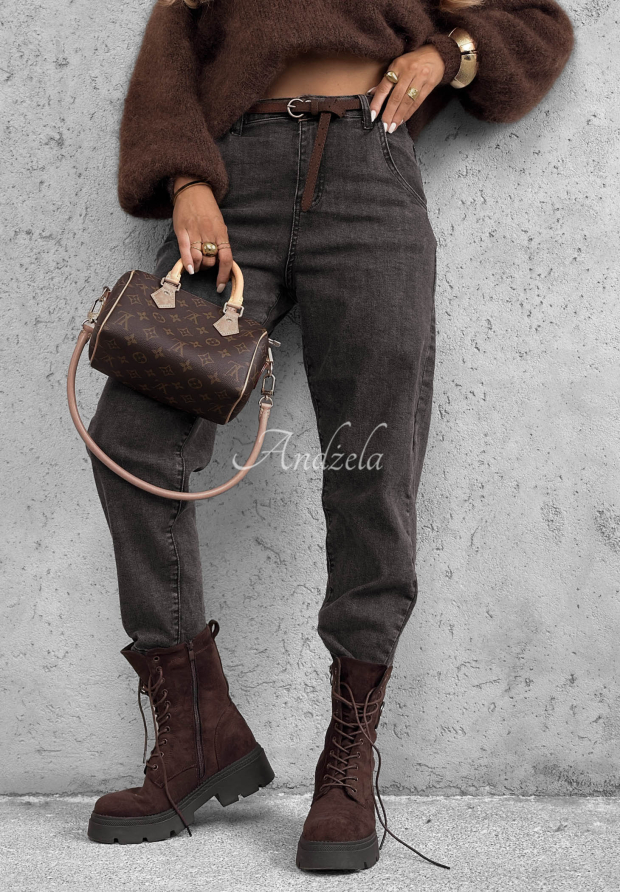Mom-Fit Jeans mit G&uuml;rtel Running Late Grau