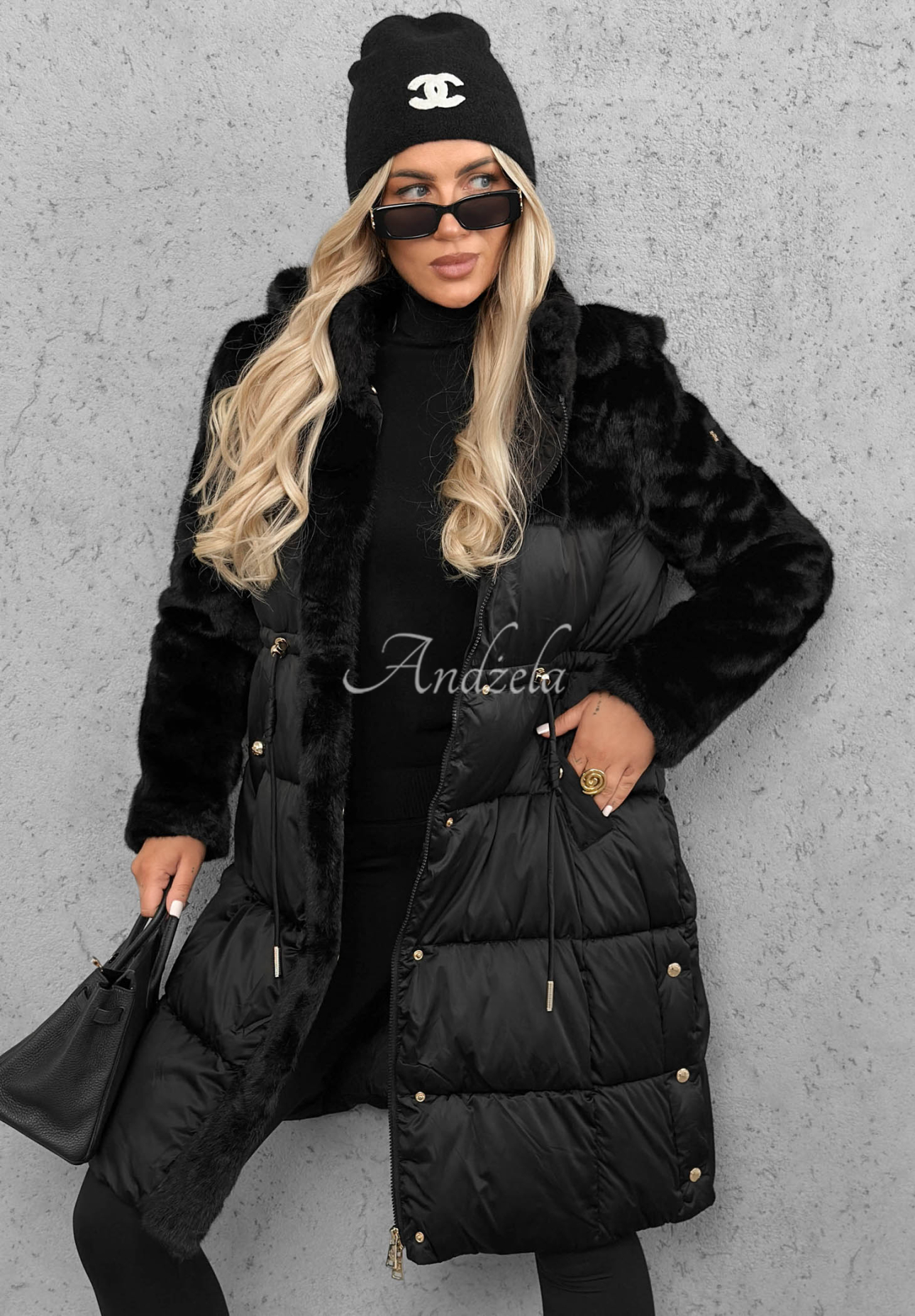 Lange Steppjacke mit Teddyfutter Out Today Schwarz