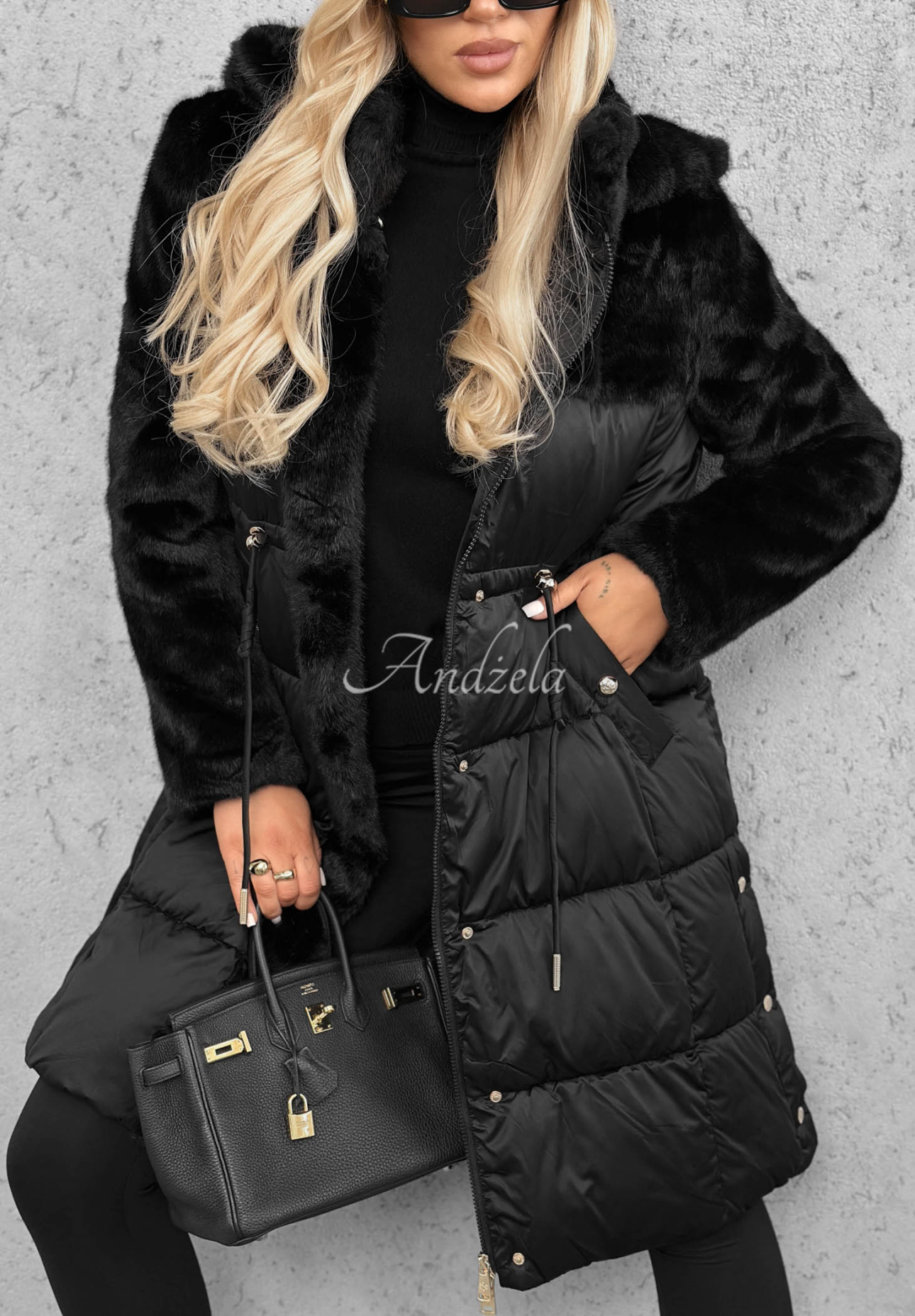 Lange Steppjacke mit Teddyfutter Out Today Schwarz