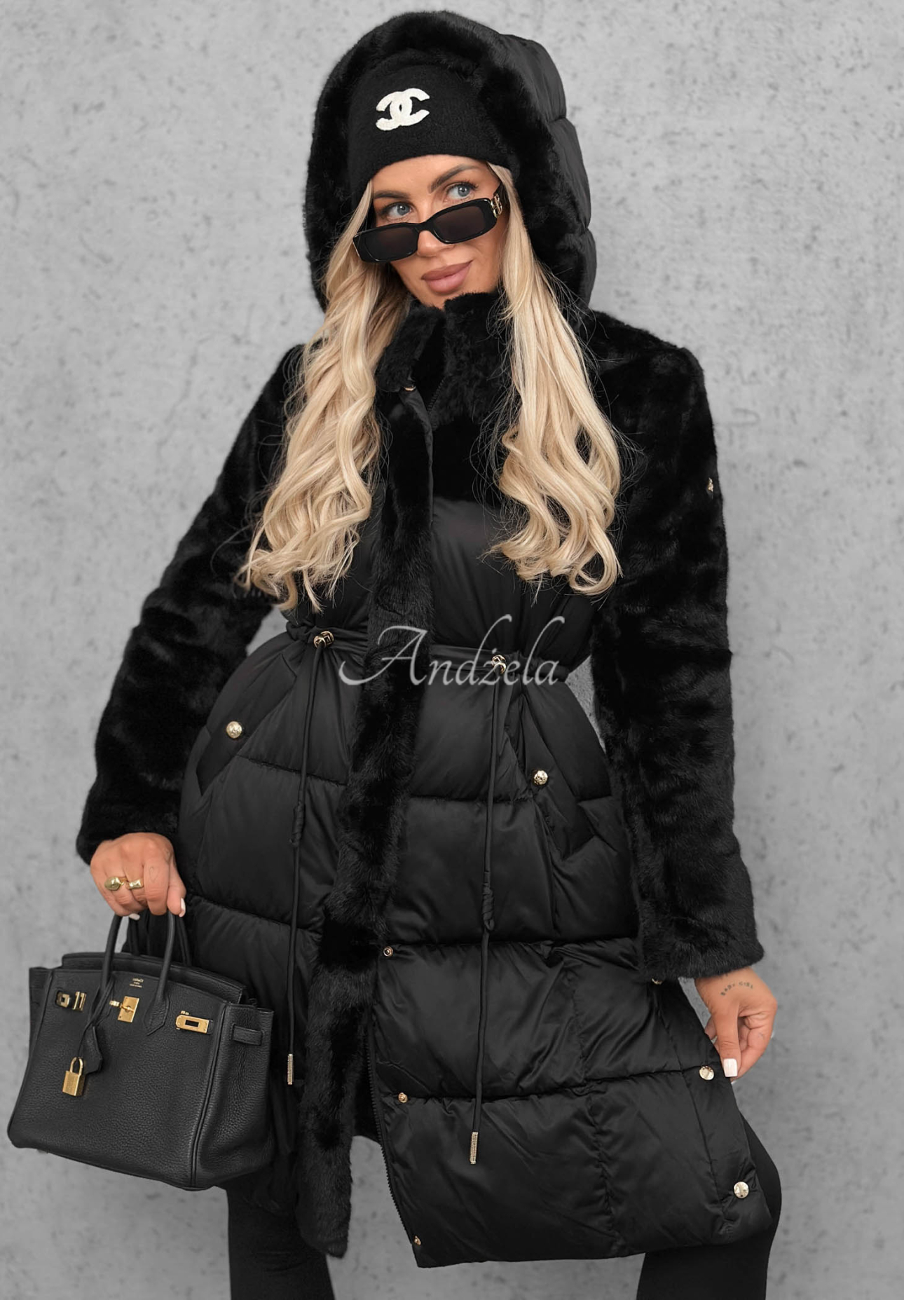 Lange Steppjacke mit Teddyfutter Out Today Schwarz