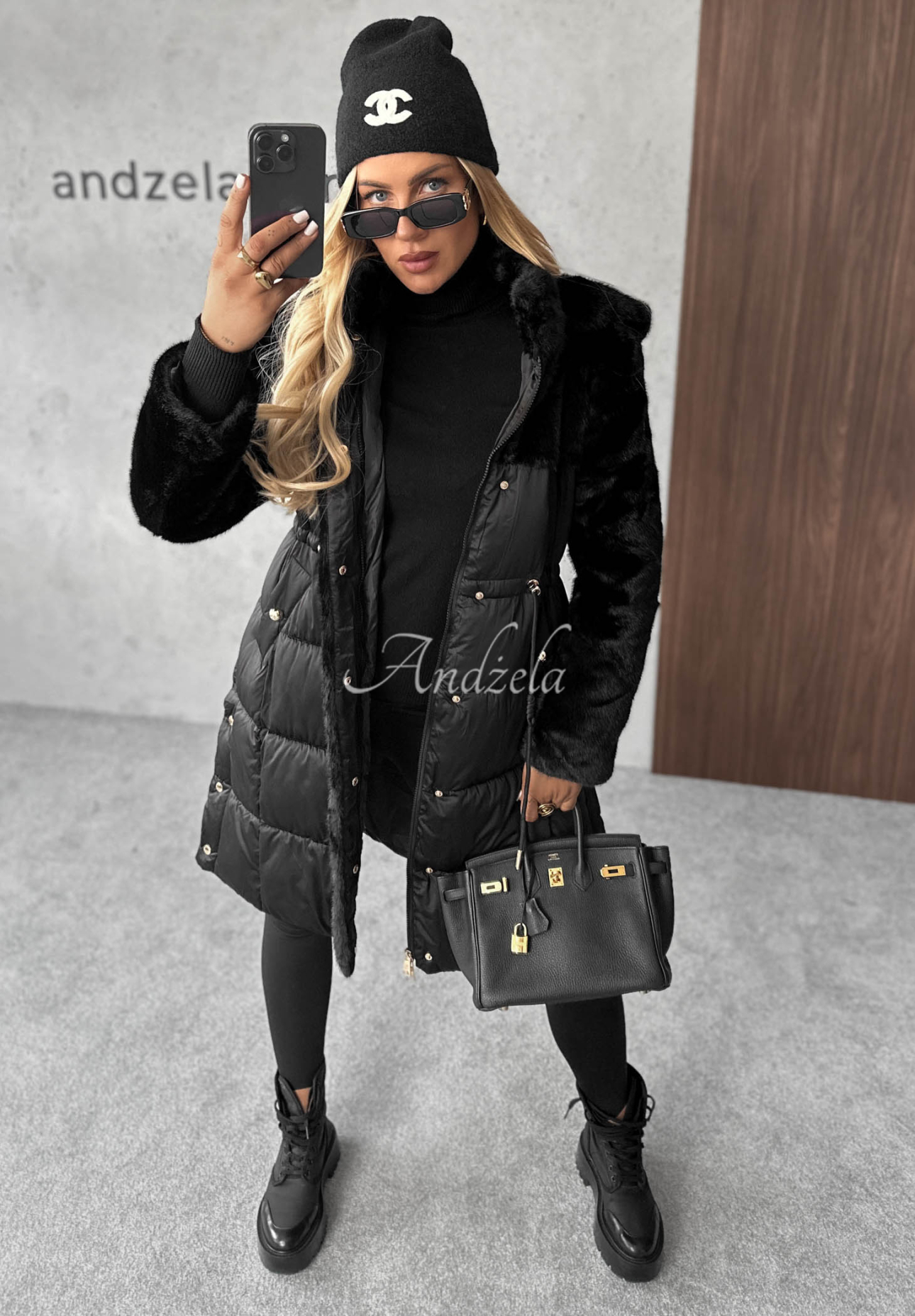 Lange Steppjacke mit Teddyfutter Out Today Schwarz