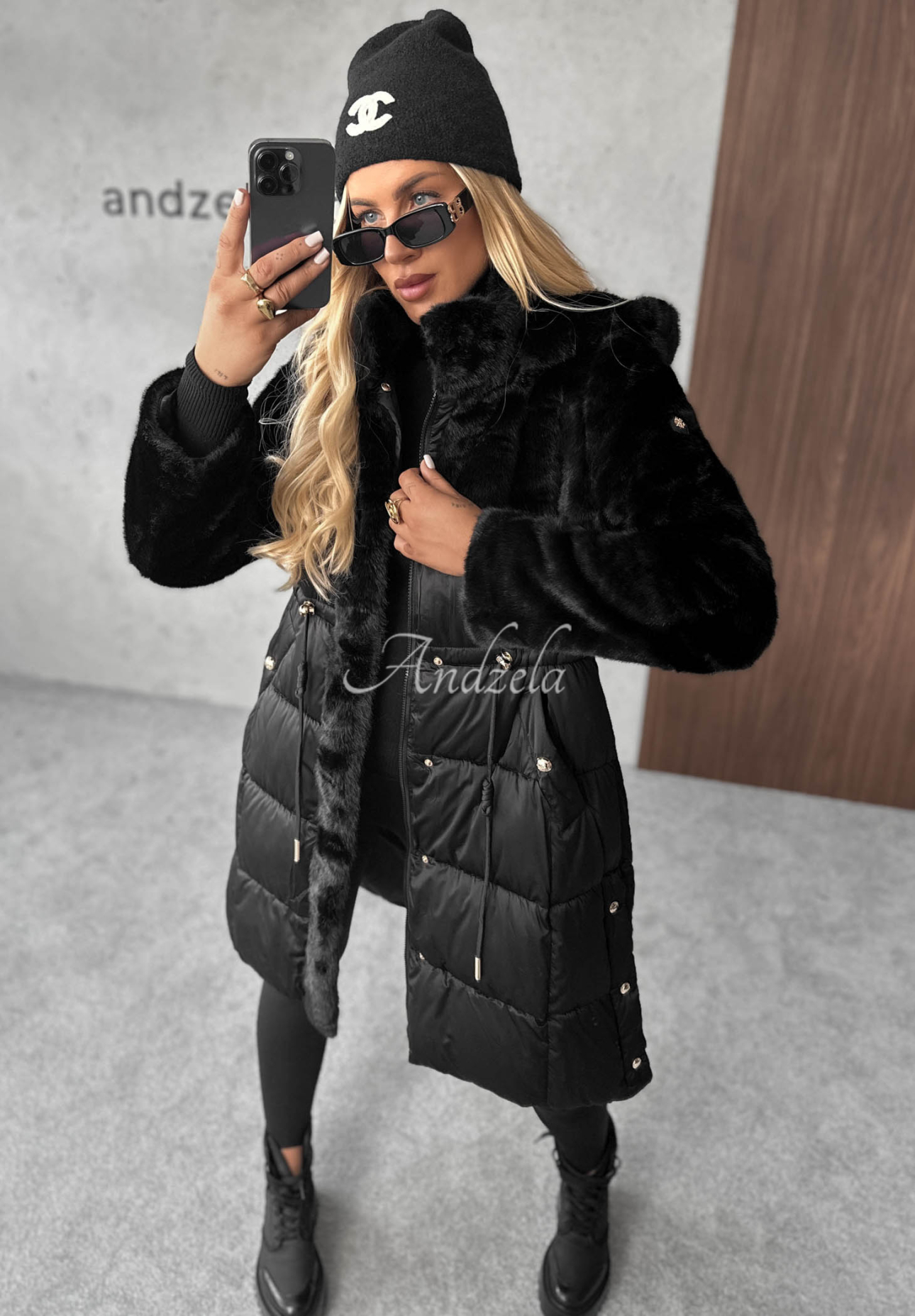Lange Steppjacke mit Teddyfutter Out Today Schwarz