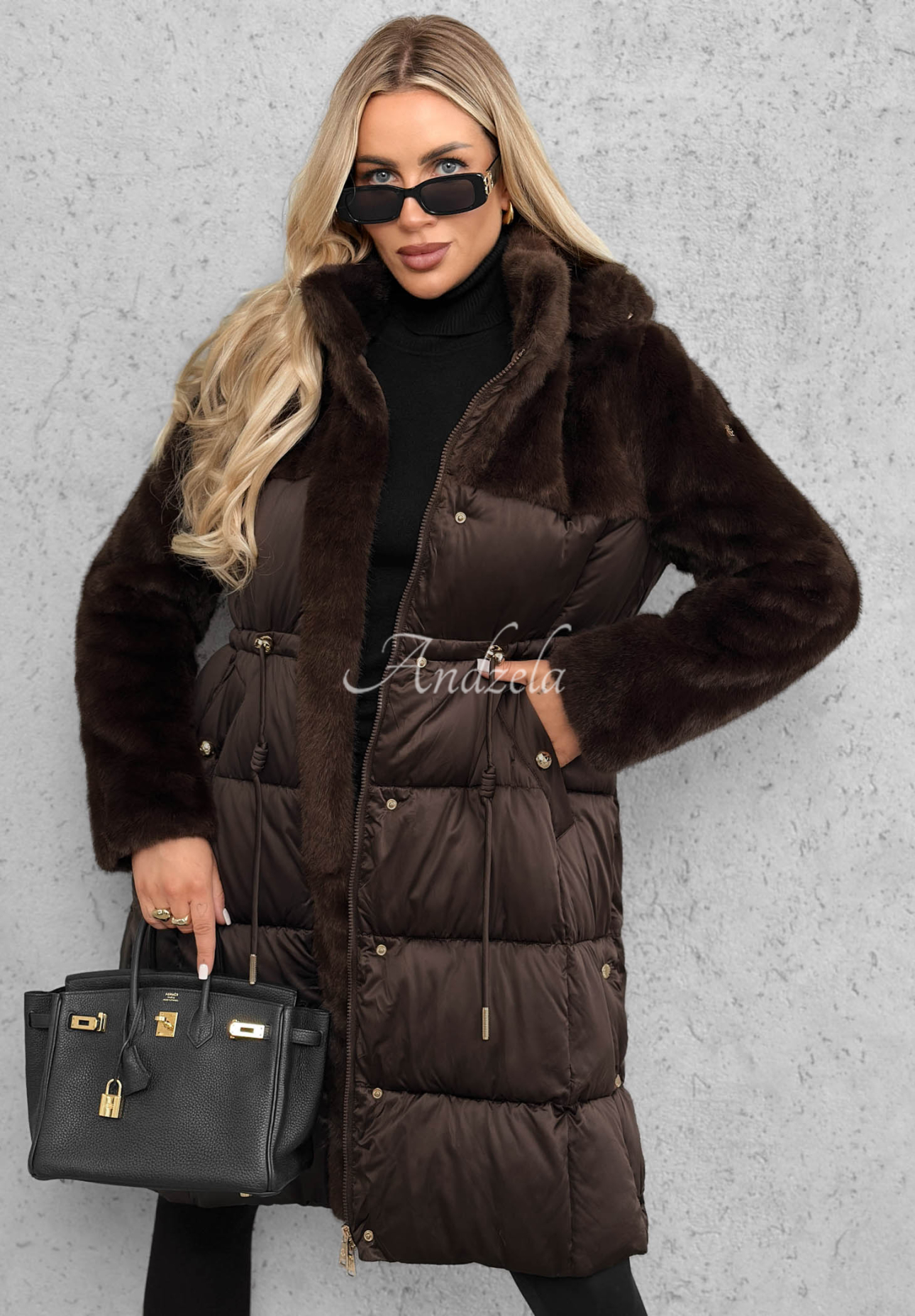 Lange Steppjacke mit Teddyfutter Out Today Schokoladenbraun