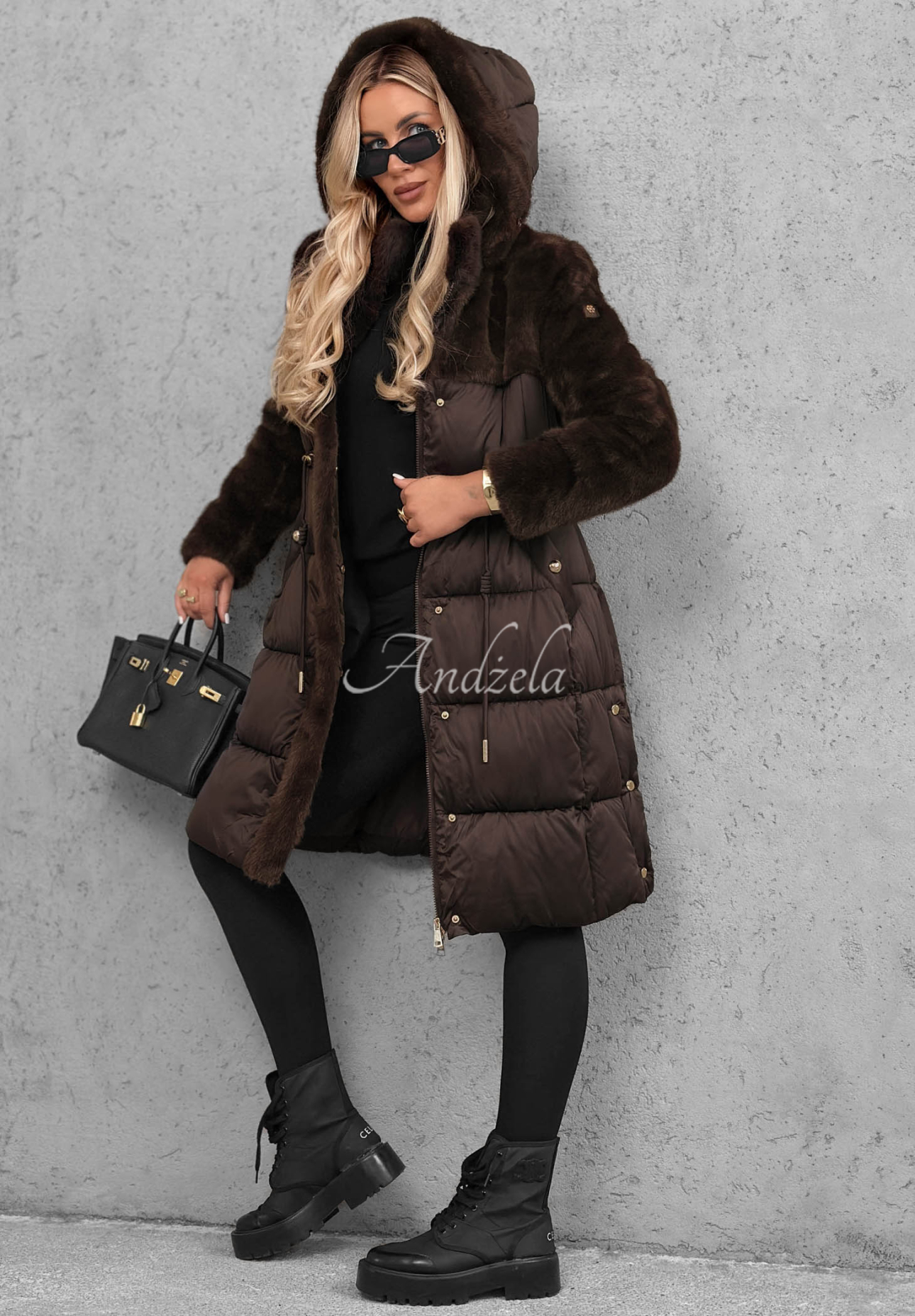 Lange Steppjacke mit Teddyfutter Out Today Schokoladenbraun