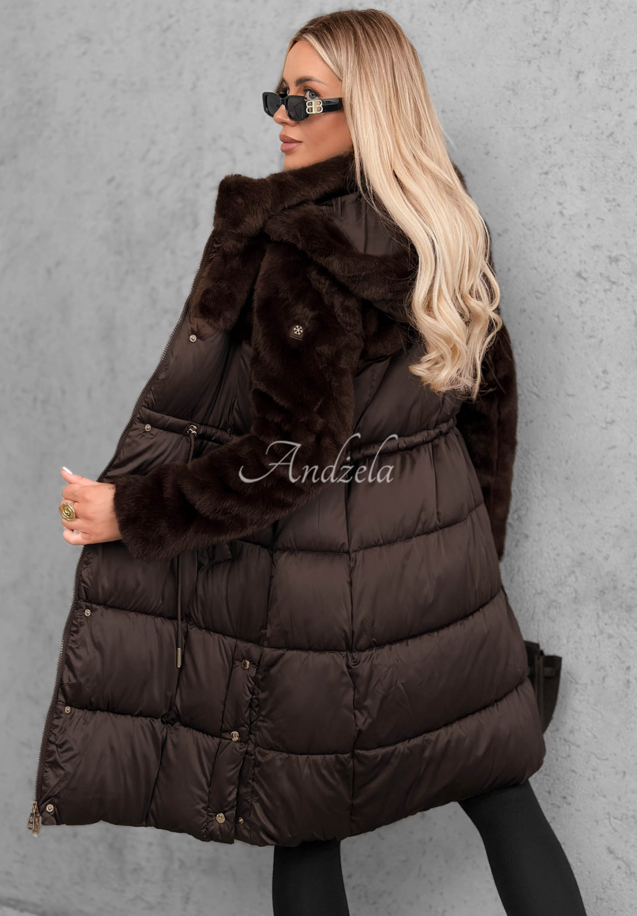 Lange Steppjacke mit Teddyfutter Out Today Schokoladenbraun