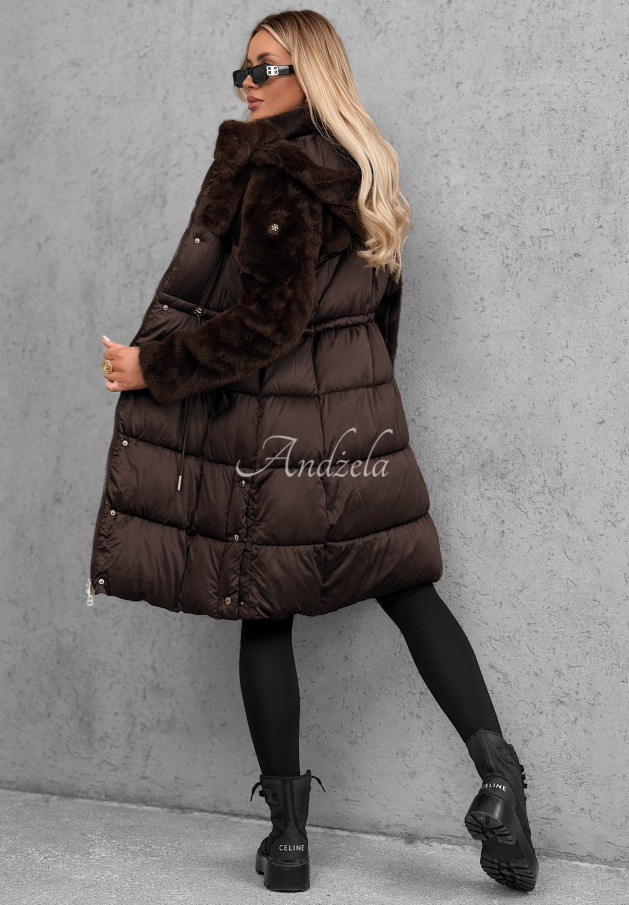 Lange Steppjacke mit Teddyfutter Out Today Schokoladenbraun