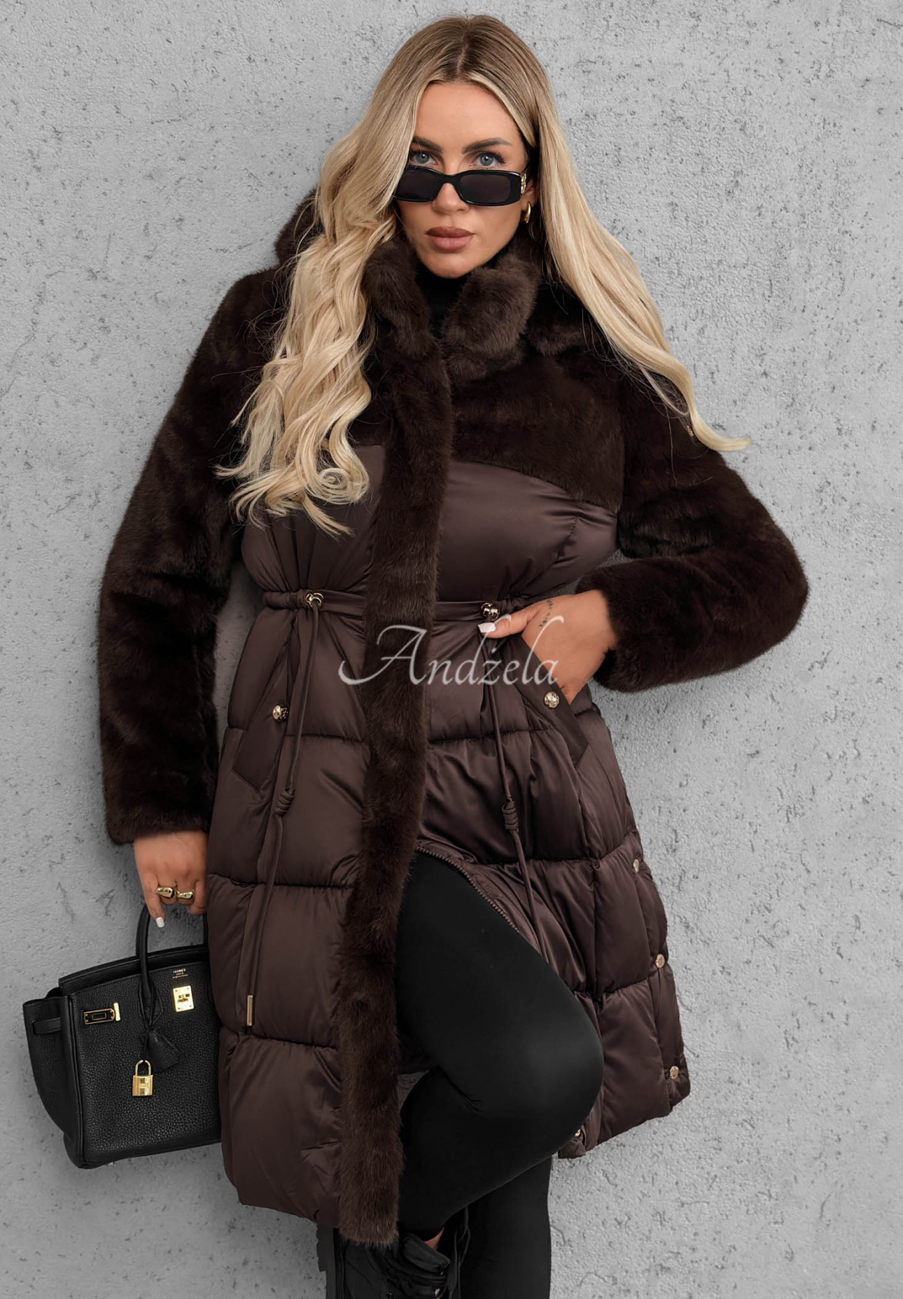 Lange Steppjacke mit Teddyfutter Out Today Schokoladenbraun