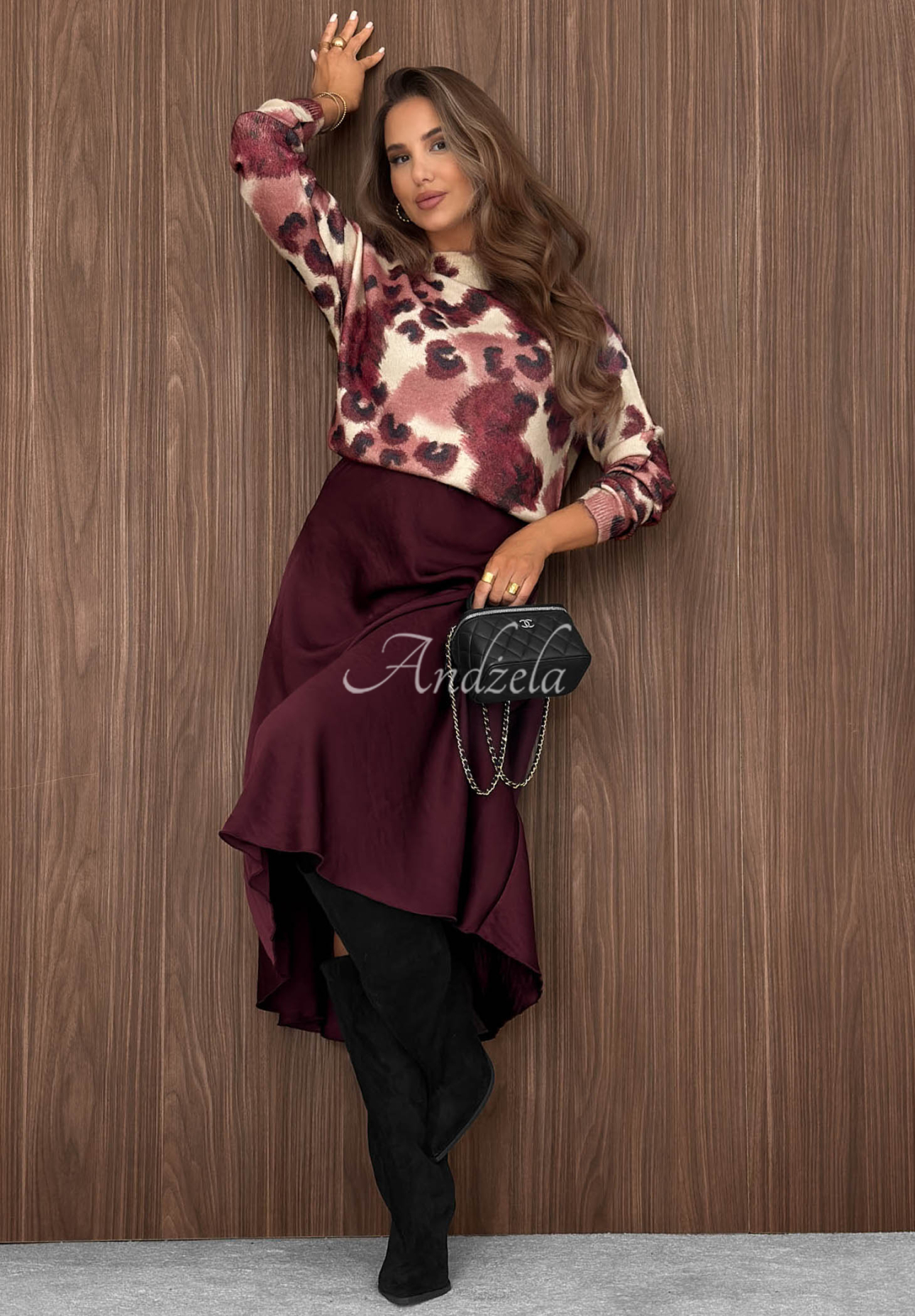Weicher Pullover mit Wollanteil und Leopardenmuster Wilder Fall Burgunderrot