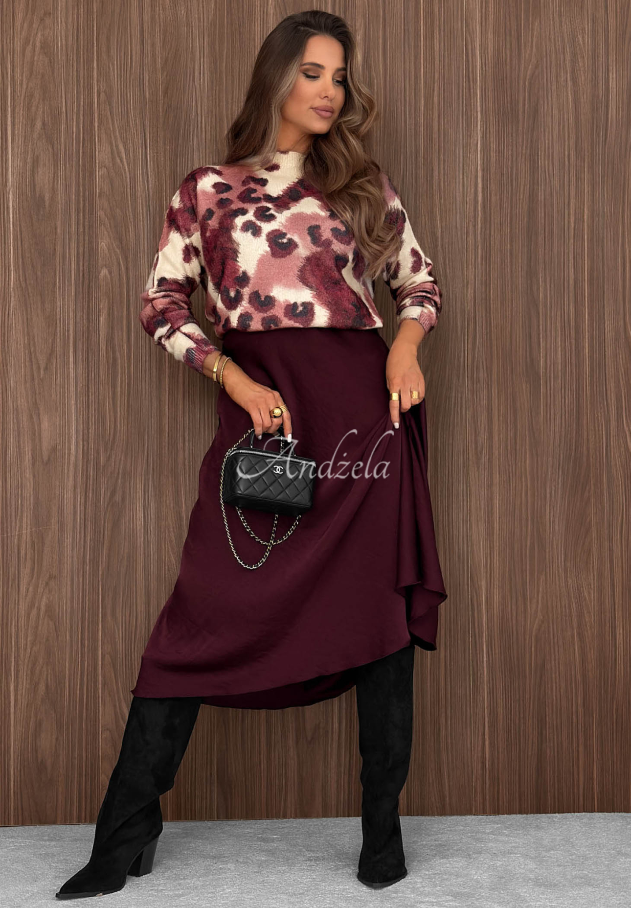 Weicher Pullover mit Wollanteil und Leopardenmuster Wilder Fall Burgunderrot