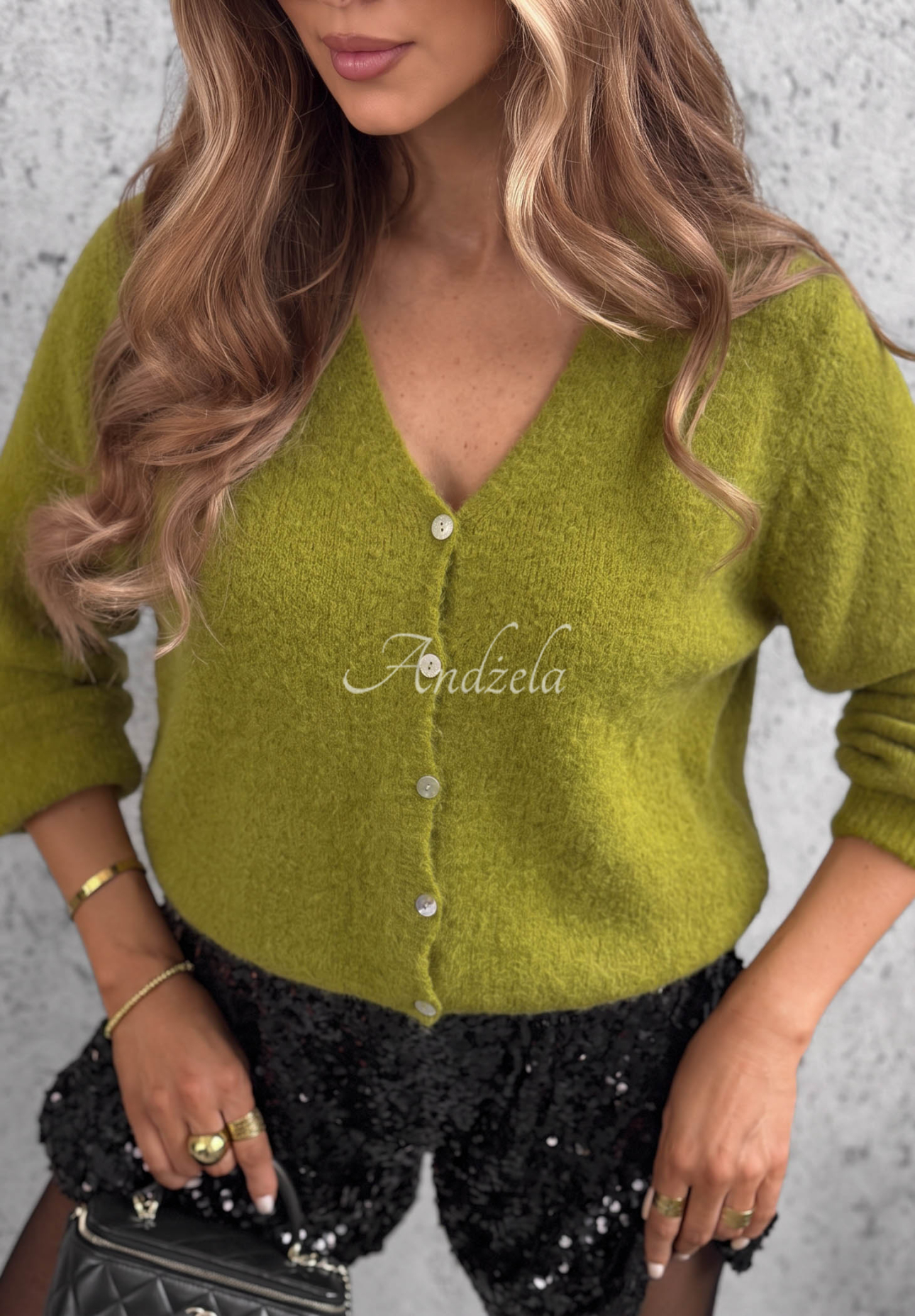 Kurzer Cardigan mit Baby-Alpaka und Wolle Soft Fluff Grün awokado
